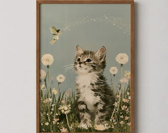 Fairy and Kitten Wall Art, Whimsical Cat Nursery Print, Wildflower Kids Room Decor, Vintage Folk Art Digital Download