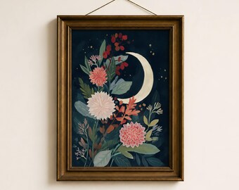 Cuadro decorativo de luna creciente floral, lámina botánica celestial, decoración caprichosa, arte cottagecore oscuro, descarga digital de luna y flores.
