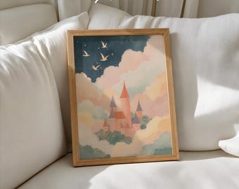 Lámina "Castillo caprichoso en las nubes", arte de pared de castillo de cuento de hadas rosa, decoración celestial para guardería, arte de cuento de hadas para habitación infantil, póster impreso