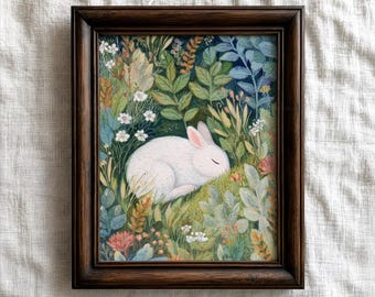 Decoración de pared infantil con diseño de conejo, lámina de conejito blanco durmiendo, decoración infantil con temática de bosque, arte botánico popular, póster impreso.