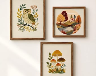 Retro Cross Stitch Inspired Wall Art Set of 3, Owl Mushroom Cottage Prints, Faux Embroidery Digital Download, Cottagecore Decor