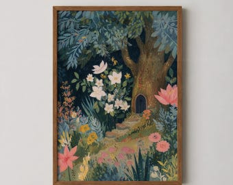Puerta de hadas en un árbol para decoración de pared, lámina para jardín de hadas, decoración caprichosa para el hogar, lámina vintage para habitación infantil, descarga digital para habitación infantil con temática de bosque
