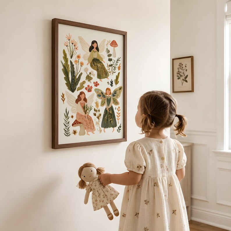 Cottagecore Fairies Physical Print, Whimsical Print For Woodland Nursery, Vintage Fairy Storybook Decor, Neutral Nursery Poster