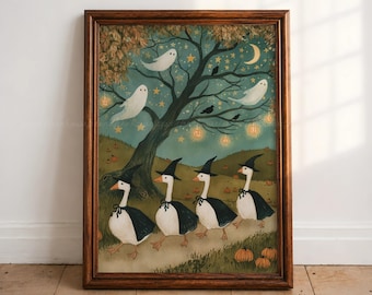 Halloween Goose Wall Art, Whimsical Ghost Print, Witch Geese Painting, Cottagecore Fall Decor, Vintage Halloween Art