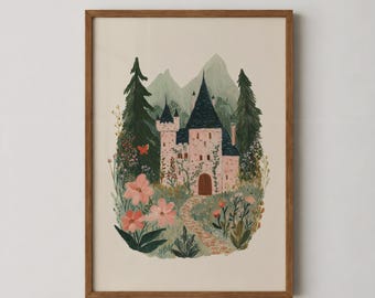 Pink Castle Painting, Princess Room Decor, Storybook Castle Print, Girly Wall Art, Fantasy Wall Art, Whimsical Nursery, Digital Download