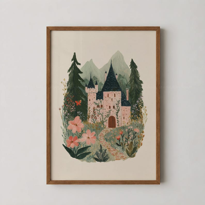 Pink Castle Wall Art Printable, Fairytale Castle Print, Cottagecore Decor, Storybook Castle Art, Fantasy Wall Decor, Whimsical Girl Bedroom