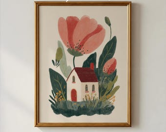 Estampado floral caprichoso estilo cabaña, decoración de pared con amapolas de arte popular, pintura de cabaña de cuento, arte floral estilo cottagecore, póster impreso