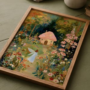 Mushroom Cottage and Fairy Art Print, Woodland Fairy Wall Art, Vintage Nursery Decor, Enchanted Forest Painting, Kid's Room Digital Download