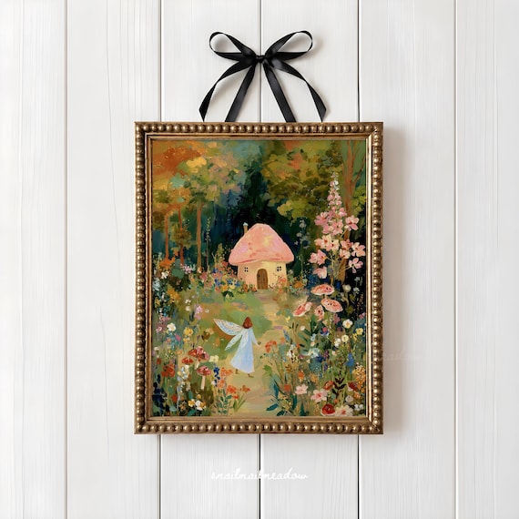 Mushroom Cottage Art Print, Fairy Wall Decor, Cottagecore Fairy Nursery, Enchanted Forest Printable, Girl's Room Digital Download