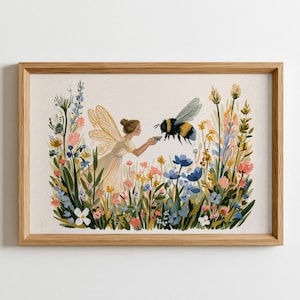 May include: A framed art print featuring a fairy with light yellow wings and a cream dress standing in a field of colourful wildflowers. The fairy holds a small cup towards a large, fuzzy bumblebee hovering in the air amidst blue, pink, and yellow blooms.