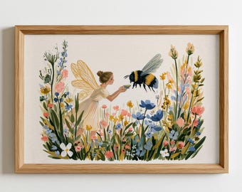 Decoración de pared con hadas y abejorros, lámina infantil con flores silvestres y un toque caprichoso, arte popular vintage, arte para habitaciones infantiles de estilo cottagecore, descarga digital de jardín de hadas.