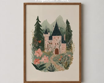 Pink Castle Wall Art Print, Fairytale Castle Poster, Cottagecore Decor, Storybook Castle Art, Fantasy Wall Decor, Whimsical Girl Bedroom