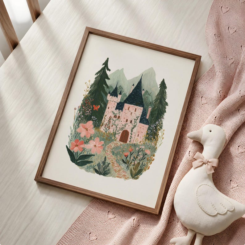Pink Castle Wall Art Printable, Fairytale Castle Print, Cottagecore Decor, Storybook Castle Art, Fantasy Wall Decor, Whimsical Girl Bedroom