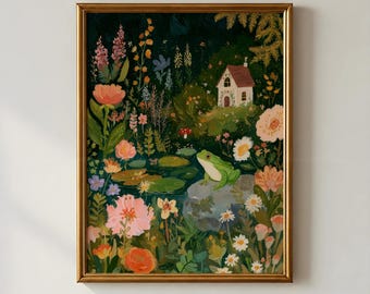 Lámina decorativa de ranas para imprimir, lámina de ranas estilo cottagecore, arte de estanque caprichoso, decoración de guardería con temática de bosque, arte de pared de jardín floral