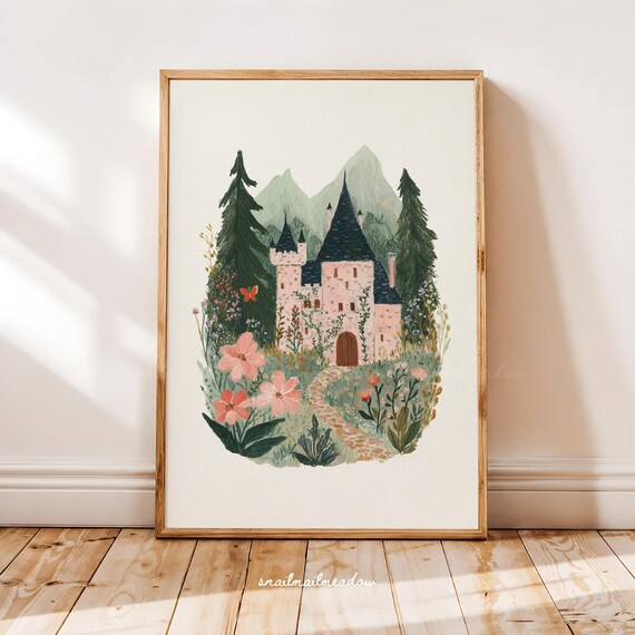 Pink Castle Wall Art Printable, Fairytale Castle Print, Cottagecore Decor, Storybook Castle Art, Fantasy Wall Decor, Whimsical Girl Bedroom