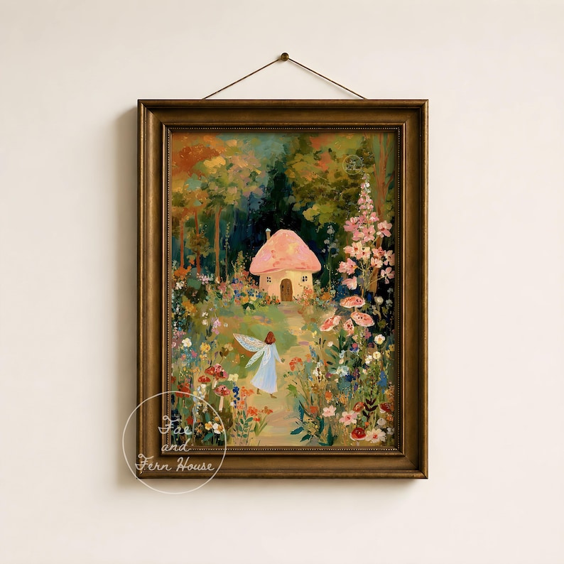 Mushroom Cottage and Fairy Art Print, Woodland Fairy Wall Art, Vintage Nursery Decor, Enchanted Forest Painting, Kid's Room Digital Download