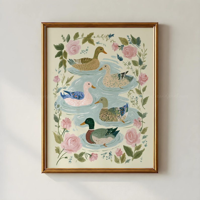 Vintage Duck Wall Art, Mallard Duck Decor, Cottagecore Home Decor, Botanical Bird Print, Printable Vintage Nursery Art