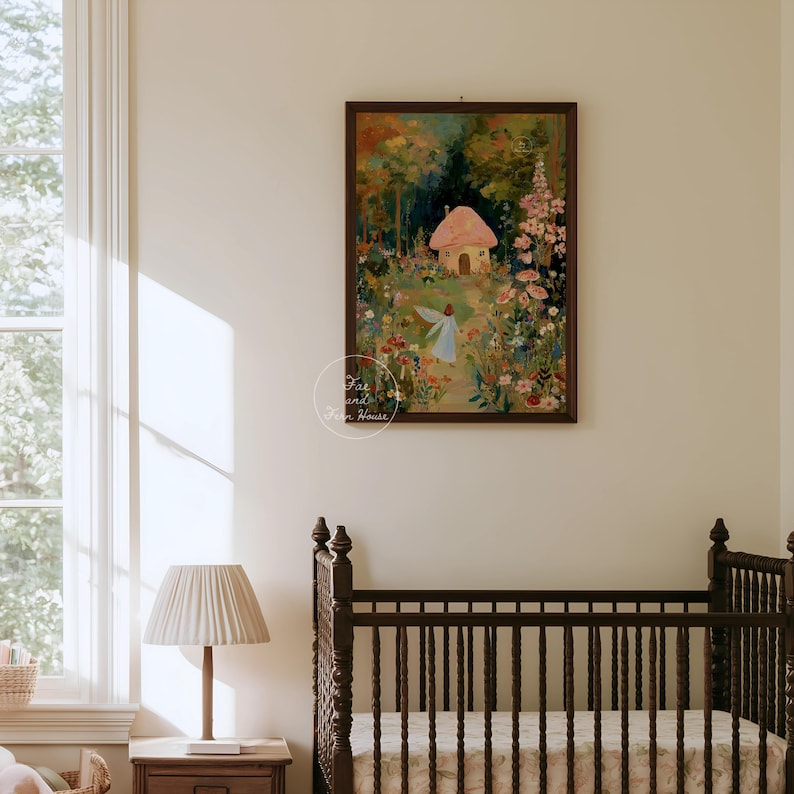 Mushroom Cottage and Fairy Art Print, Woodland Fairy Wall Art, Vintage Nursery Decor, Enchanted Forest Painting, Kid's Room Digital Download