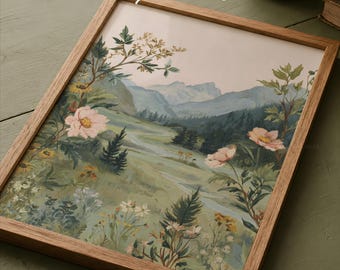 Cuadro de paisaje de montaña, pintura de montaña con flores silvestres, paisaje alpino vintage, arte mural de naturaleza estilo cottagecore, póster estampado floral