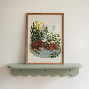 Dachshund Wall Art, Dog Nursery Print, Fairy Garden Poster, Dandelion Flower Art, Whimsical Kids Room Decor Download