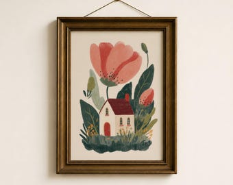 Estampado floral caprichoso estilo cabaña, decoración de pared de amapolas de arte popular, pintura de cabaña de cuento, arte floral estilo cottagecore, decoración acogedora para el hogar (descargable)