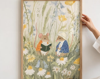 Whimsical Woodland Mice Reading Print, Whimsical Kids Decor, Cottagecore Nursery Art, Vintage Story Wall Art, Mouse Nursery Poster