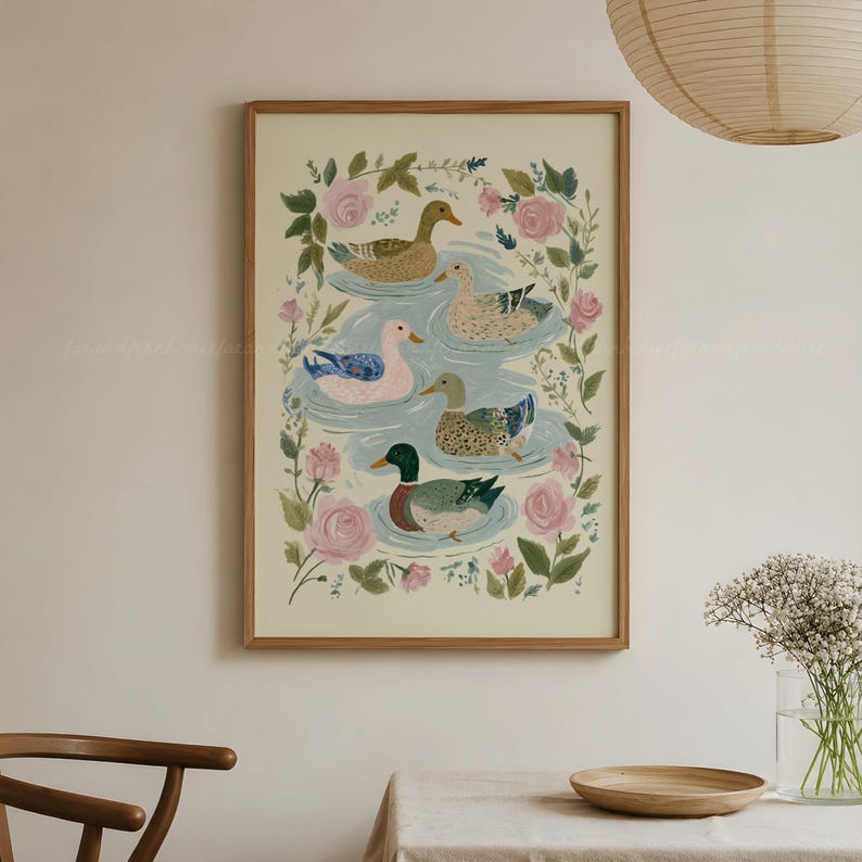 Vintage Duck Wall Art, Mallard Duck Decor, Cottagecore Home Decor, Botanical Bird Print, Printable Vintage Nursery Art