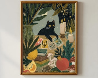 Lámina de tarot del gato negro, arte mural mágico y caprichoso, pintura de gato adivinatorio, decoración celestial estilo cottagecore, descarga digital de Halloween.