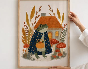 Whimsical Toad Wall Art, Autumn Cottagecore Print, Mushroom Cottage Decor, Magical Storybook Animal Art