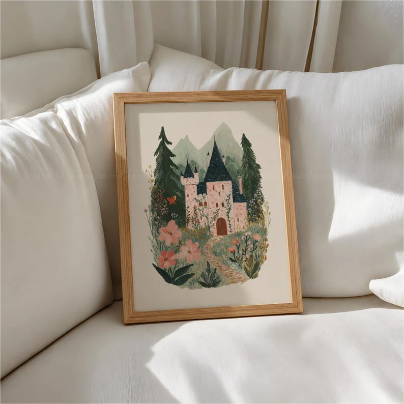 Pink Castle Wall Art Printable, Fairytale Castle Print, Cottagecore Decor, Storybook Castle Art, Fantasy Wall Decor, Whimsical Girl Bedroom