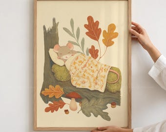 Autumn Sleeping Mouse Print, Cozy Woodland Animal Wall Art, Whimsical Fall Cottagecore Decor, Vintage Storybook Drawing, Instant Download