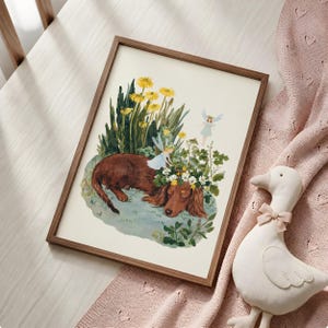 Dachshund Wall Art, Dog Nursery Print, Fairy Garden Poster, Dandelion Flower Art, Whimsical Kids Room Decor Download