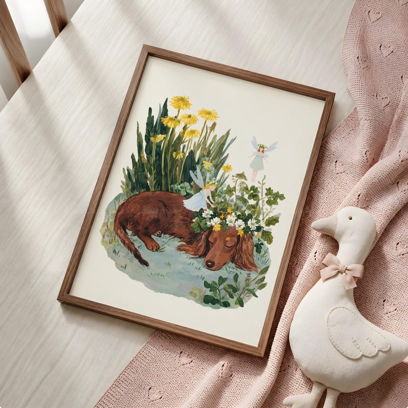 Dachshund Wall Art, Dog Nursery Print, Fairy Garden Poster, Dandelion Flower Art, Whimsical Kids Room Decor Download