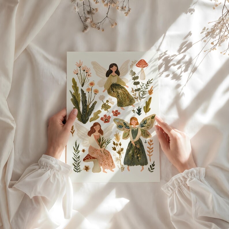 Cottagecore Fairies Physical Print, Whimsical Print For Woodland Nursery, Vintage Fairy Storybook Decor, Neutral Nursery Poster
