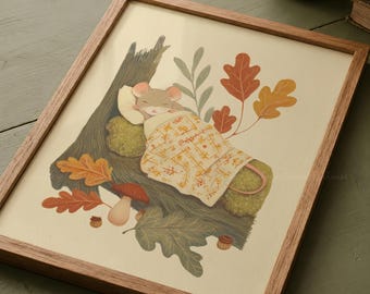 Lámina con estampado de ratón durmiendo en otoño, arte mural acogedor con animales del bosque, decoración rústica otoñal con encanto, dibujo de cuento de hadas vintage, impresión física.