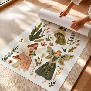 Cottagecore Fairies Physical Print, Whimsical Print For Woodland Nursery, Vintage Fairy Storybook Decor, Neutral Nursery Poster