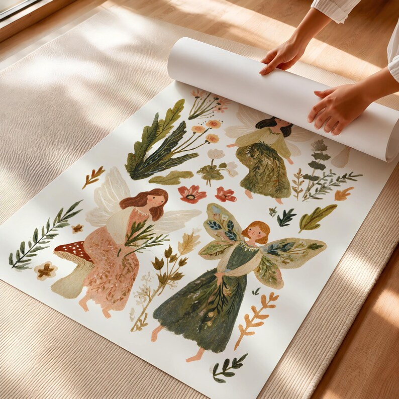 Cottagecore Fairies Physical Print, Whimsical Print For Woodland Nursery, Vintage Fairy Storybook Decor, Neutral Nursery Poster