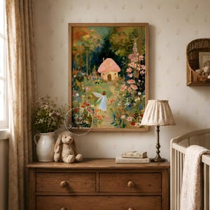 Mushroom Cottage and Fairy Art Print, Woodland Fairy Wall Art, Vintage Nursery Decor, Enchanted Forest Painting, Kid's Room Digital Download