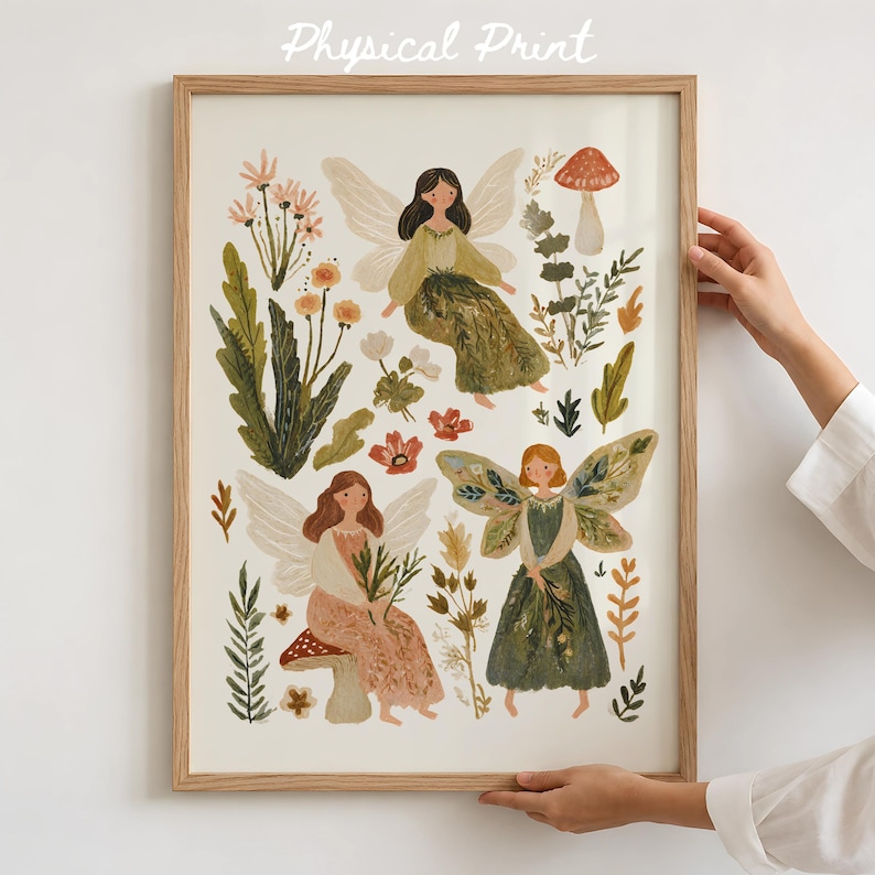 Cottagecore Fairies Physical Print, Whimsical Print For Woodland Nursery, Vintage Fairy Storybook Decor, Neutral Nursery Poster