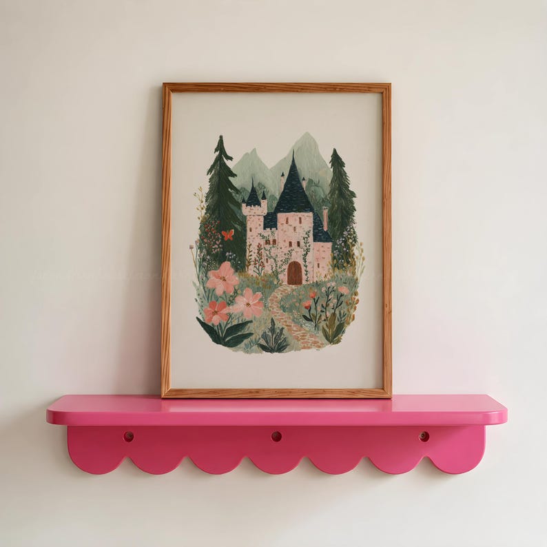 Pink Castle Wall Art Printable, Fairytale Castle Print, Cottagecore Decor, Storybook Castle Art, Fantasy Wall Decor, Whimsical Girl Bedroom
