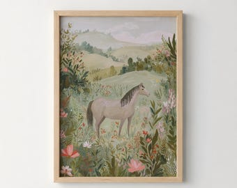 Cuadro decorativo de paisaje ecuestre, lámina de paisaje con flores silvestres, pintura ecuestre, arte popular vintage de caballos, descarga digital para la pared de la habitación infantil.