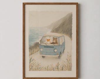 Woodland Animals VW Bus Instant Download, Fox Bear Road Trip Print, Coastal Nursery Decor, Retro Van Print, Digital Download
