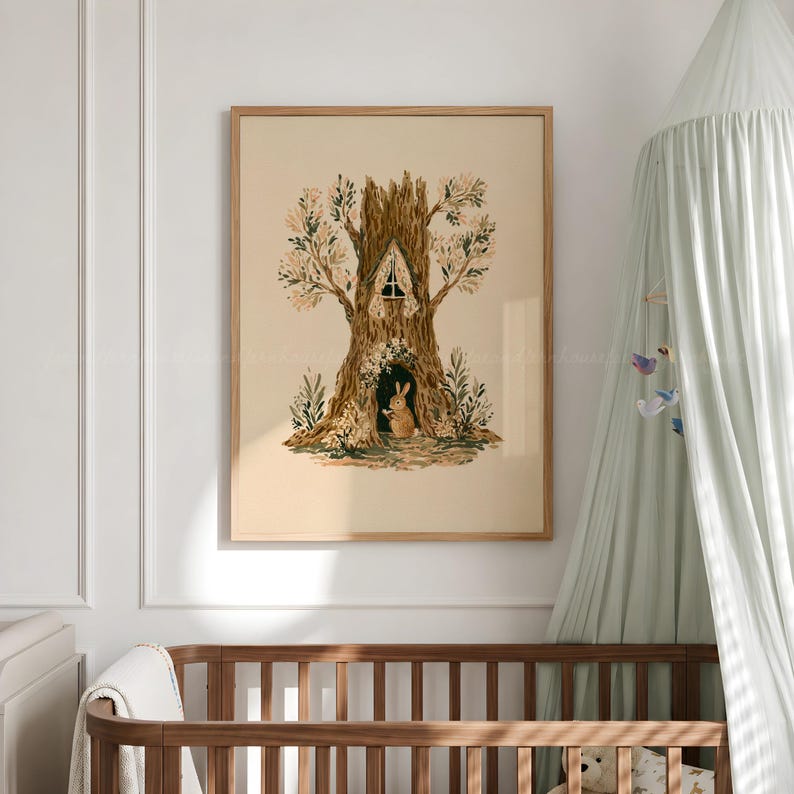 Bunny Nursery Print, Woodland Treehouse Art, Rabbit Wall Art, Cottagecore Kids Room, Forest Animal Printable, Storybook Decor