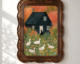 Black Cottage Goose Poster, Autumn Folk Art Wall Decor, Wildflower Meadow Painting, Cottagecore Wall Art, Printed Poster