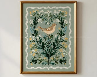 Scandinavian Folk Art Bird Print, Wildflower Songbird Painting, Vintage Botanical Wall Art, Cottagecore Decor, Printable Wall Art