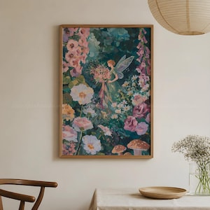 Decoración de pared con hadas y flores del bosque, decoración de bosque encantado, pintura botánica vintage, lámina de cuento de hadas, descarga digital.