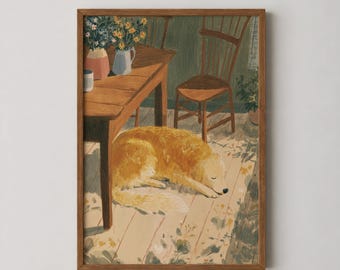 Cuadro de Golden Retriever, pintura de perro durmiendo, decoración rústica para el hogar, arte primitivo, regalo para amantes de los perros, descarga digital para una acogedora casa de campo.