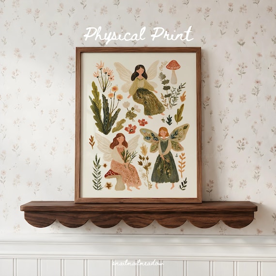 Cottagecore Fairies Physical Print, Whimsical Print For Woodland Nursery, Vintage Fairy Storybook Decor, Neutral Nursery Poster