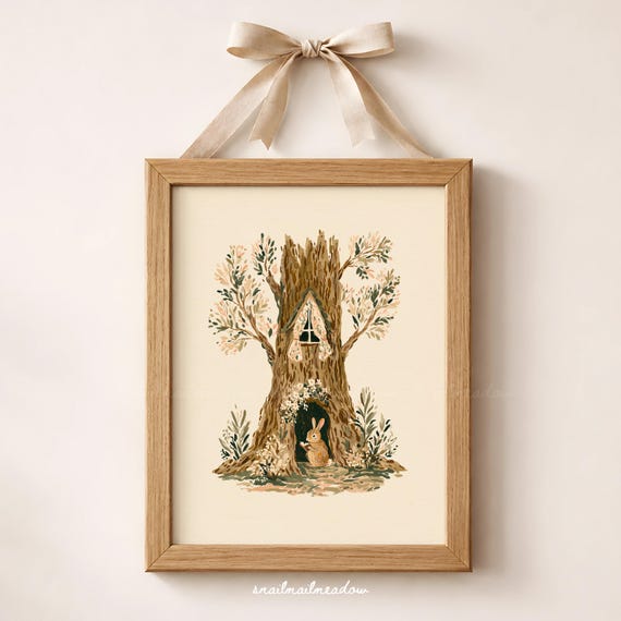 Bunny Nursery Print, Woodland Treehouse Art, Rabbit Wall Art, Cottagecore Kids Room, Forest Animal Printable, Storybook Decor
