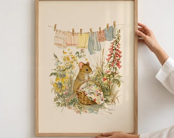 Mouse Nursery Print, Cottagecore Wall Art, Wildflower Laundry Day Decor, Watercolor Animal Poster, Vintage Printable Digital Download